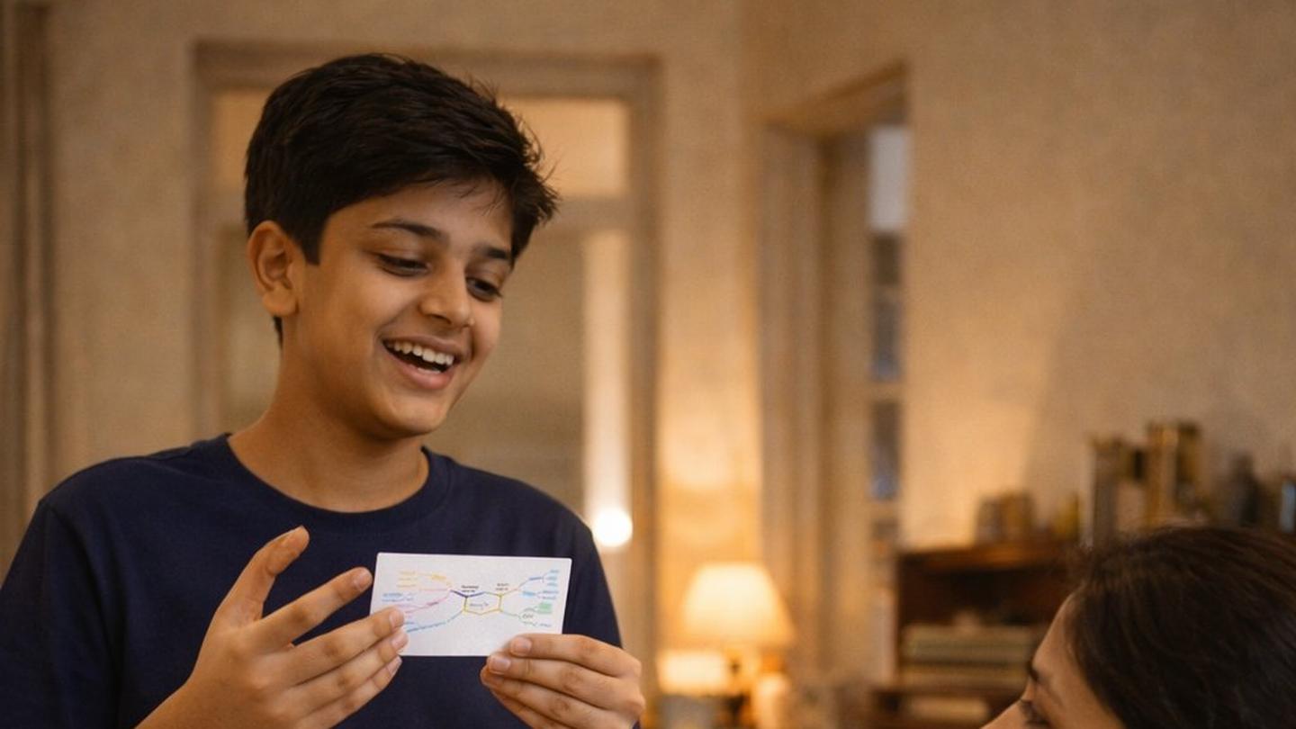 A child explaining a concept with a flashcard, confident and smiling