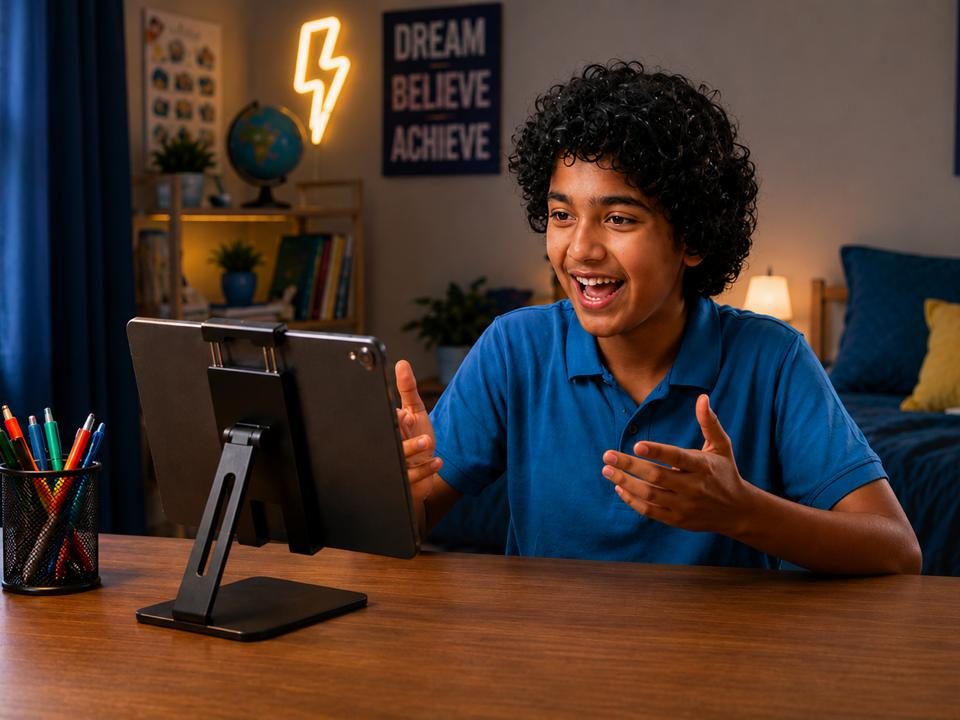 A student explaining a topic out loud at home, in his bedroom