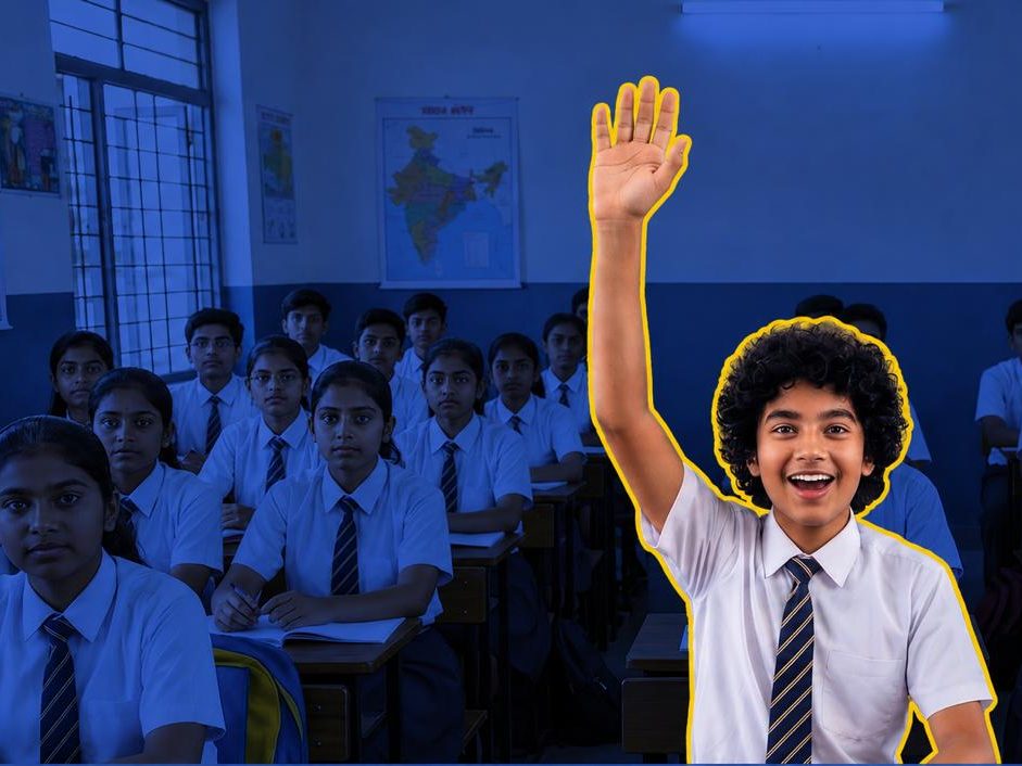 A confident student raising his hand in class