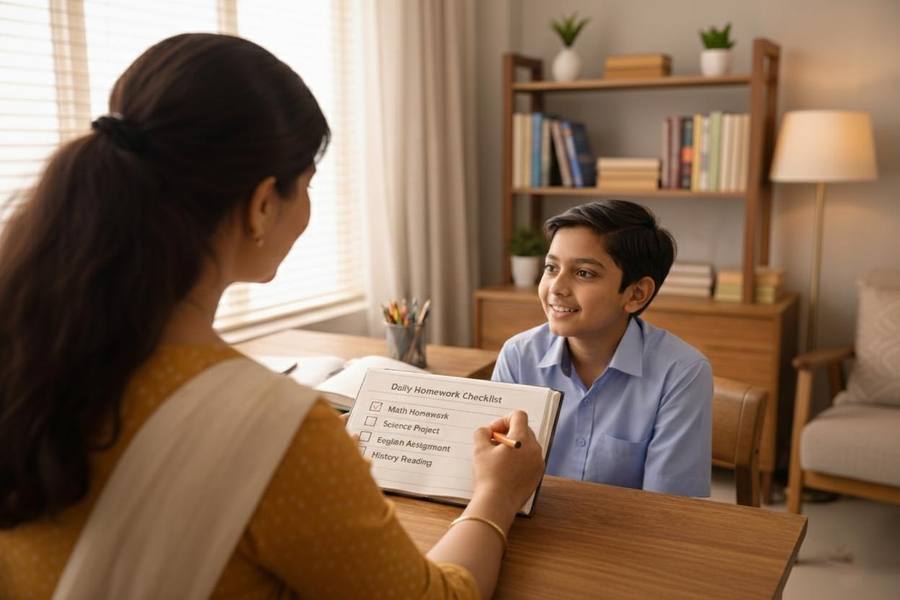 Parent ticking the evaluation book