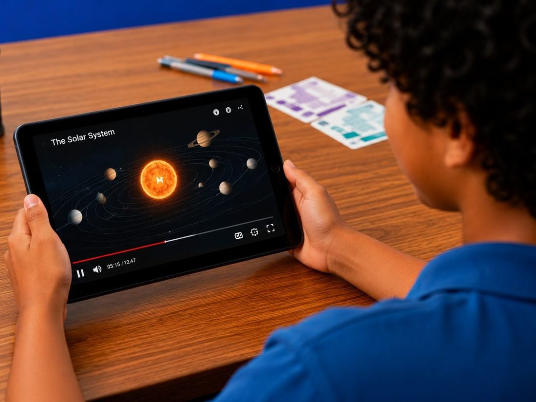 A student watching a short topic video on a tablet